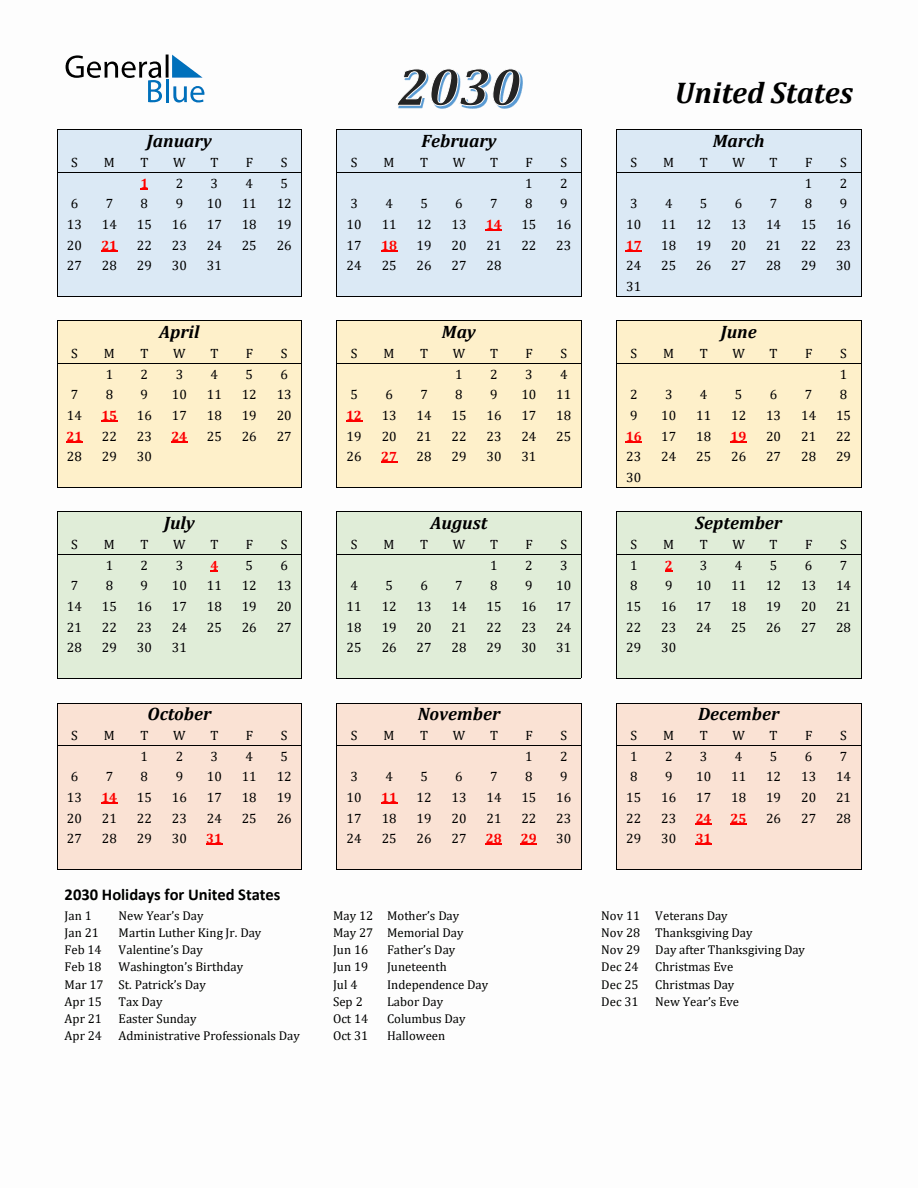 2030 United States Calendar with Sunday Start