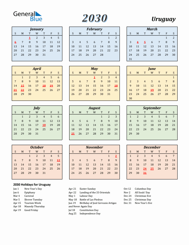Uruguay Calendar 2030 with Sunday Start