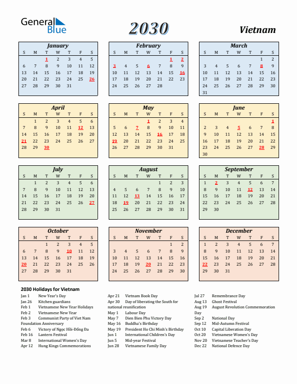 Vietnam Calendar 2030 with Sunday Start