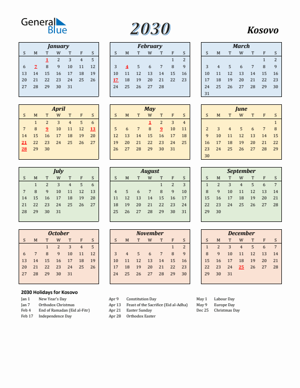 Kosovo Calendar 2030 with Sunday Start
