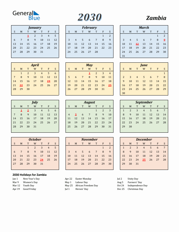 Zambia Calendar 2030 with Sunday Start