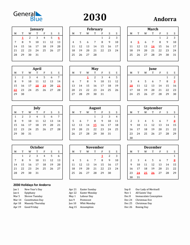 2030 Andorra Holiday Calendar - Monday Start