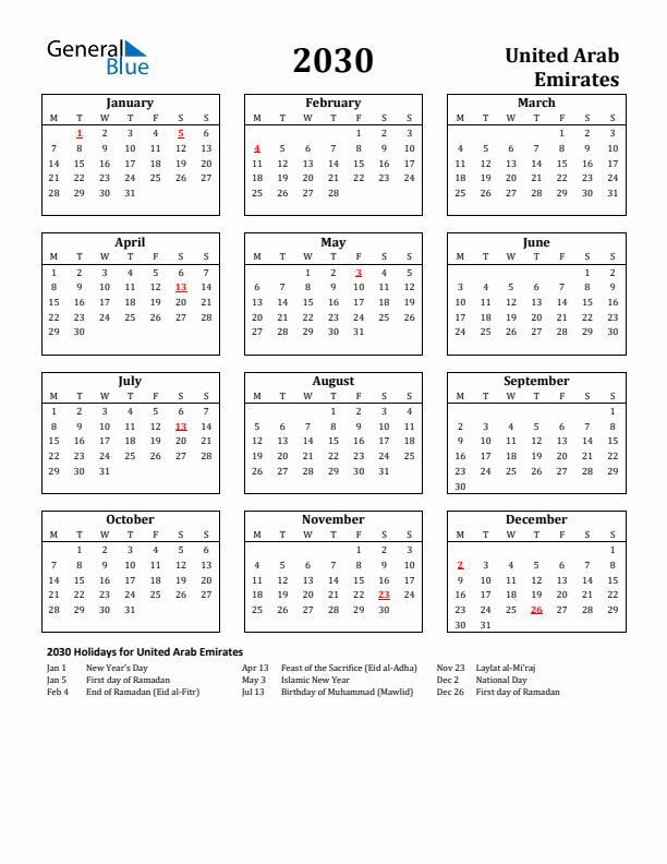 2030 United Arab Emirates Holiday Calendar - Monday Start