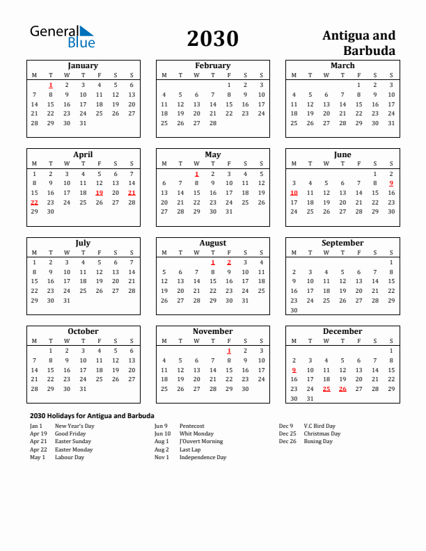 2030 Antigua and Barbuda Holiday Calendar - Monday Start