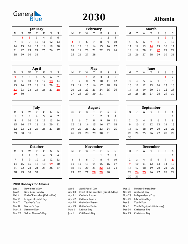2030 Albania Holiday Calendar - Monday Start