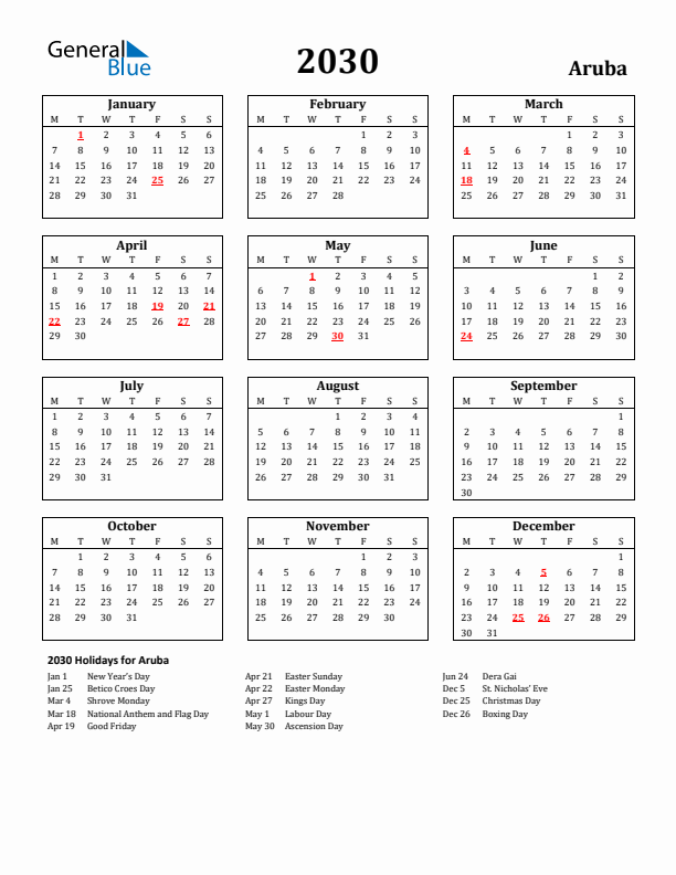 2030 Aruba Holiday Calendar - Monday Start