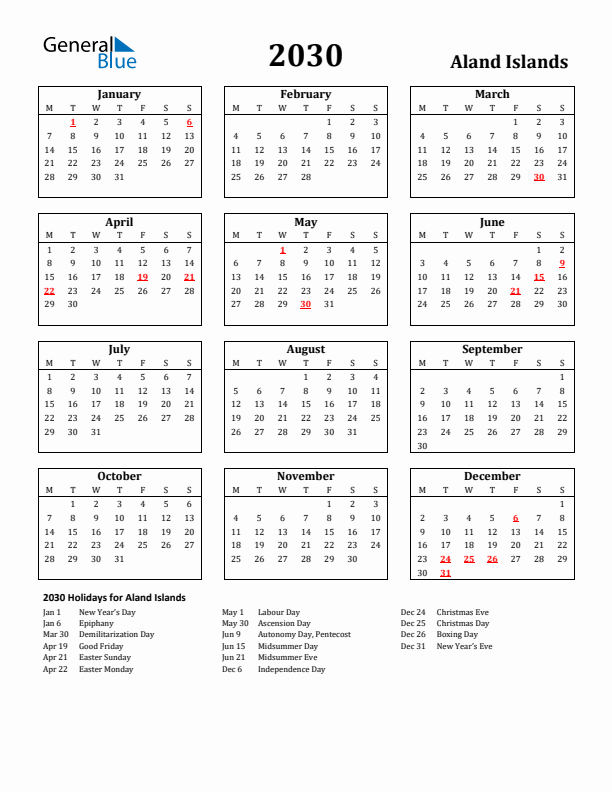 2030 Aland Islands Holiday Calendar - Monday Start