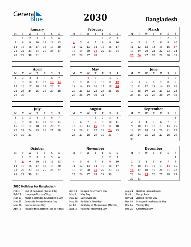 2030 Bangladesh Holiday Calendar - Monday Start
