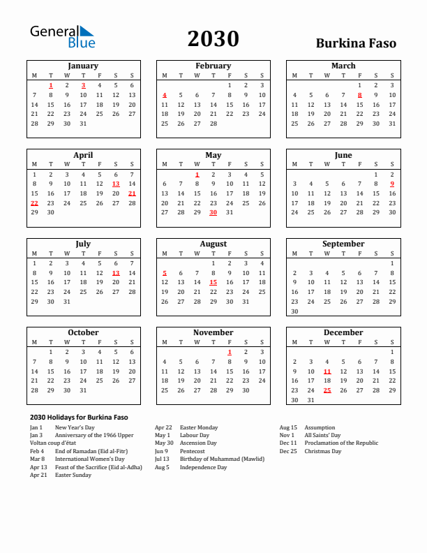 2030 Burkina Faso Holiday Calendar - Monday Start