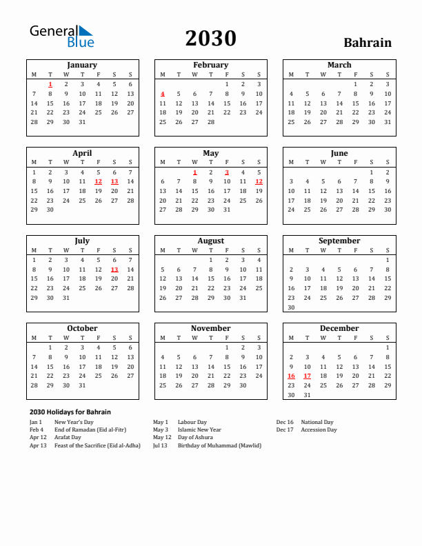 2030 Bahrain Holiday Calendar - Monday Start