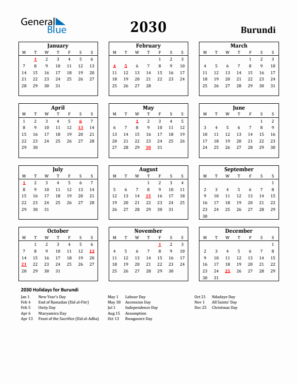 2030 Burundi Holiday Calendar - Monday Start