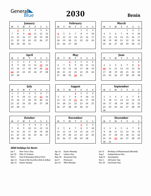2030 Benin Holiday Calendar - Monday Start