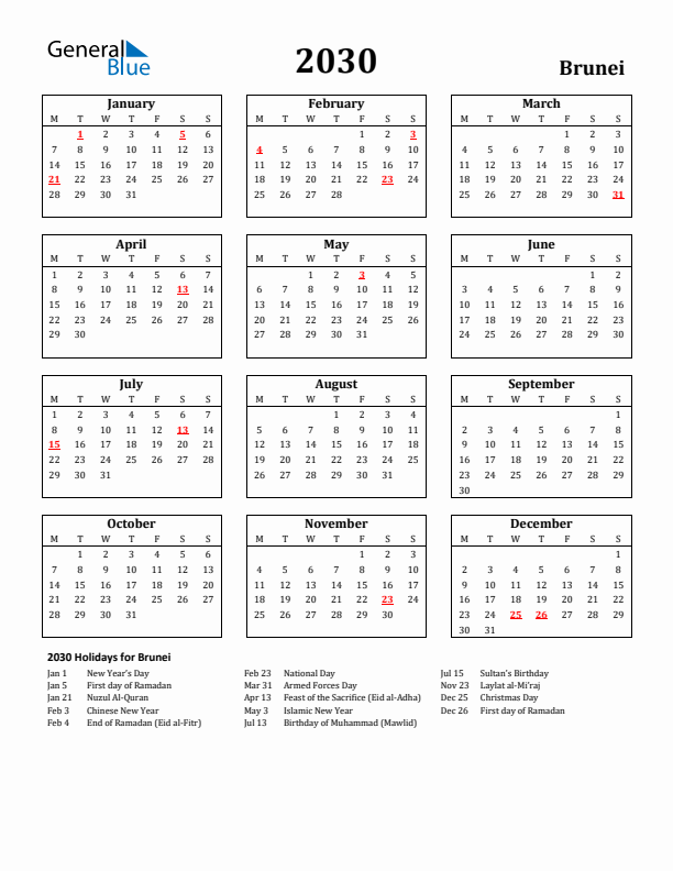 2030 Brunei Holiday Calendar - Monday Start