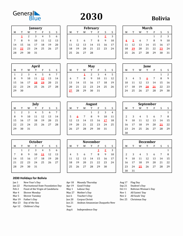 2030 Bolivia Holiday Calendar - Monday Start