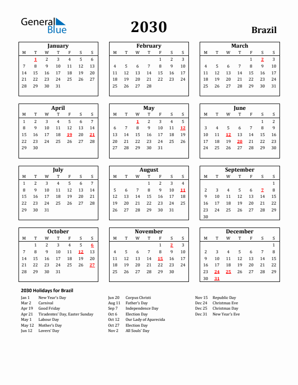 2030 Brazil Holiday Calendar - Monday Start