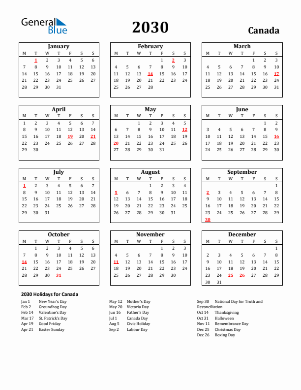 2030 Canada Holiday Calendar - Monday Start