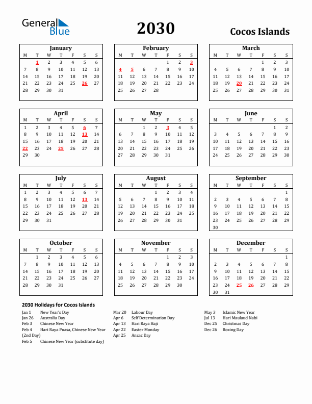2030 Cocos Islands Holiday Calendar - Monday Start