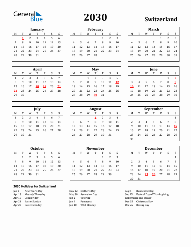 2030 Switzerland Holiday Calendar - Monday Start