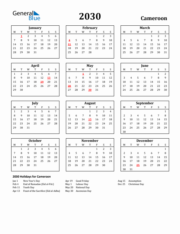 2030 Cameroon Holiday Calendar - Monday Start