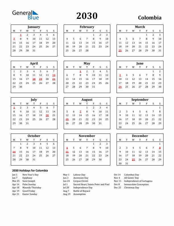 2030 Colombia Holiday Calendar - Monday Start