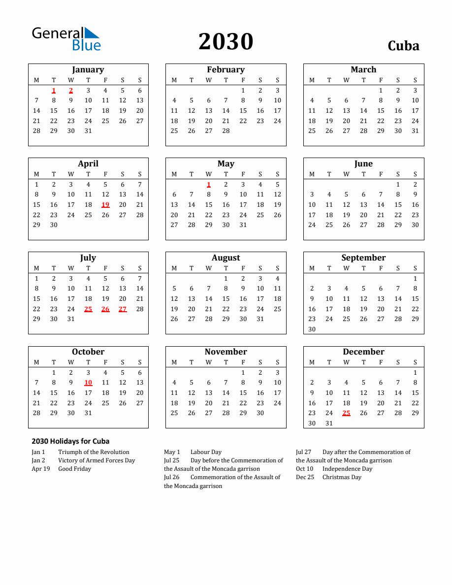 Free Printable 2030 Cuba Holiday Calendar