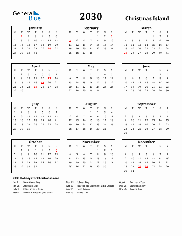 2030 Christmas Island Holiday Calendar - Monday Start