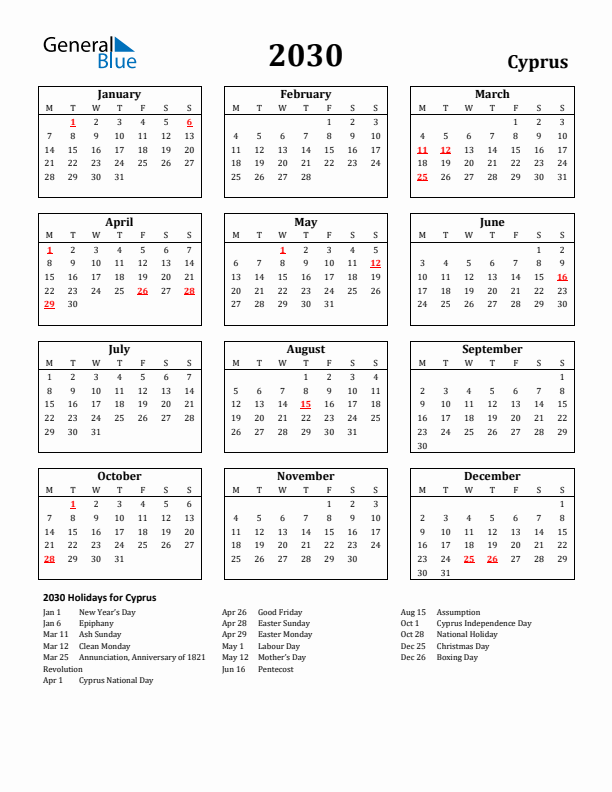 2030 Cyprus Holiday Calendar - Monday Start