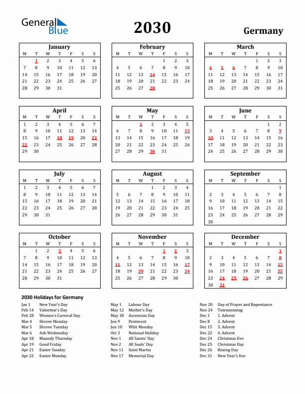 2030 Germany Holiday Calendar - Monday Start