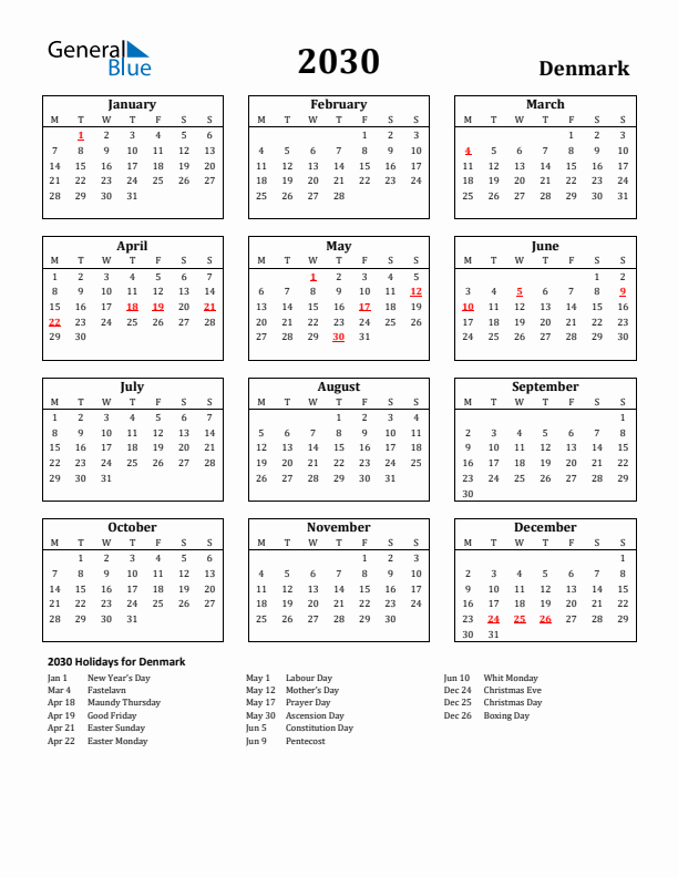 2030 Denmark Holiday Calendar - Monday Start