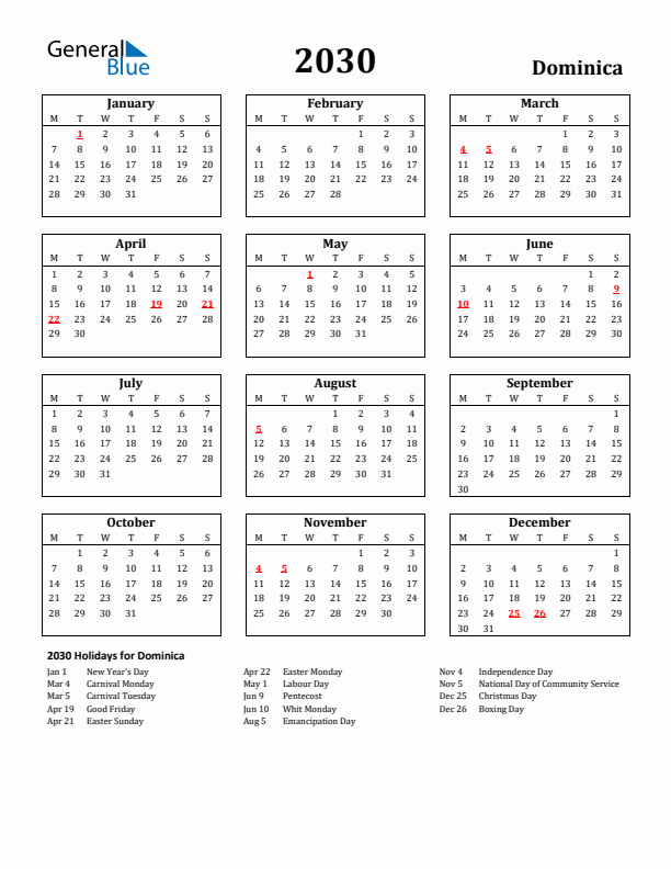 2030 Dominica Holiday Calendar - Monday Start