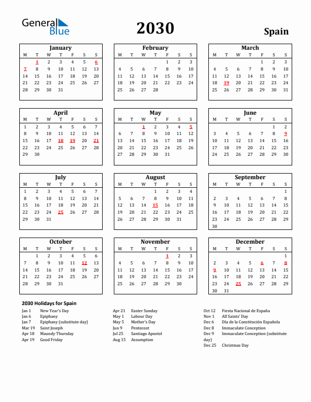 2030 Spain Holiday Calendar - Monday Start