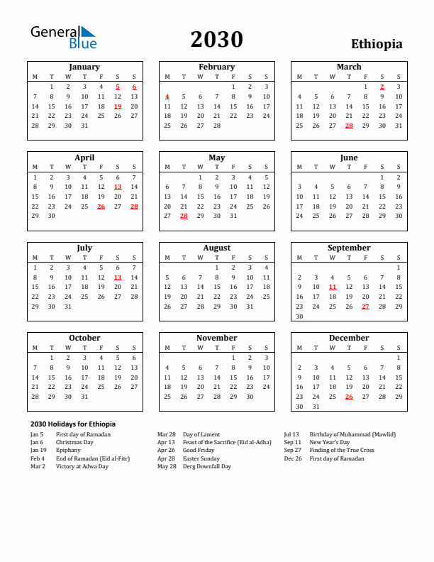 2030 Ethiopia Holiday Calendar - Monday Start