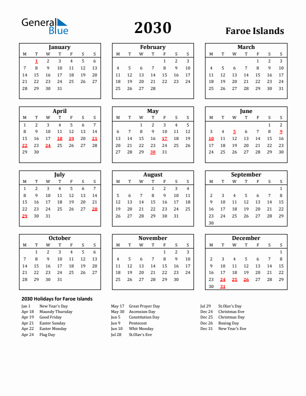 2030 Faroe Islands Holiday Calendar - Monday Start