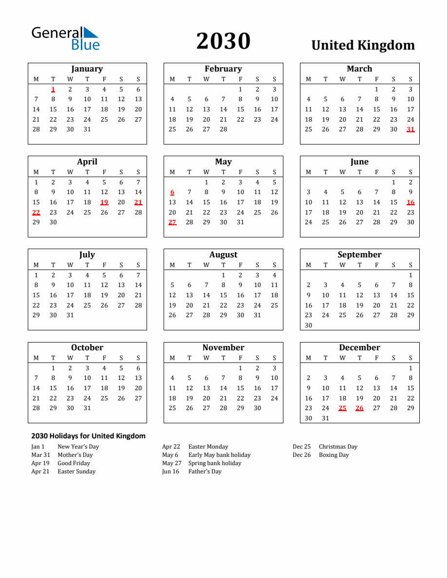 Free Printable 2030 United Kingdom Holiday Calendar