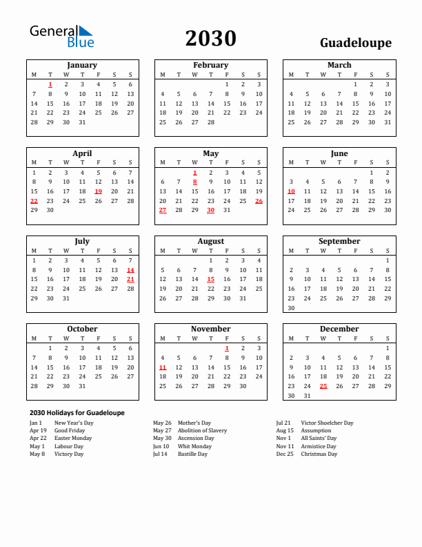 2030 Guadeloupe Holiday Calendar - Monday Start