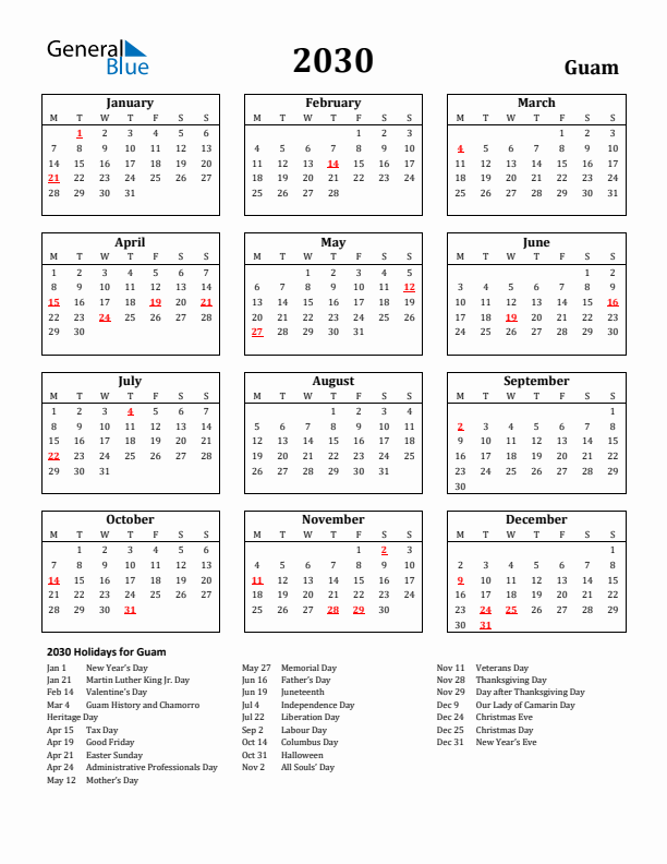 2030 Guam Holiday Calendar - Monday Start