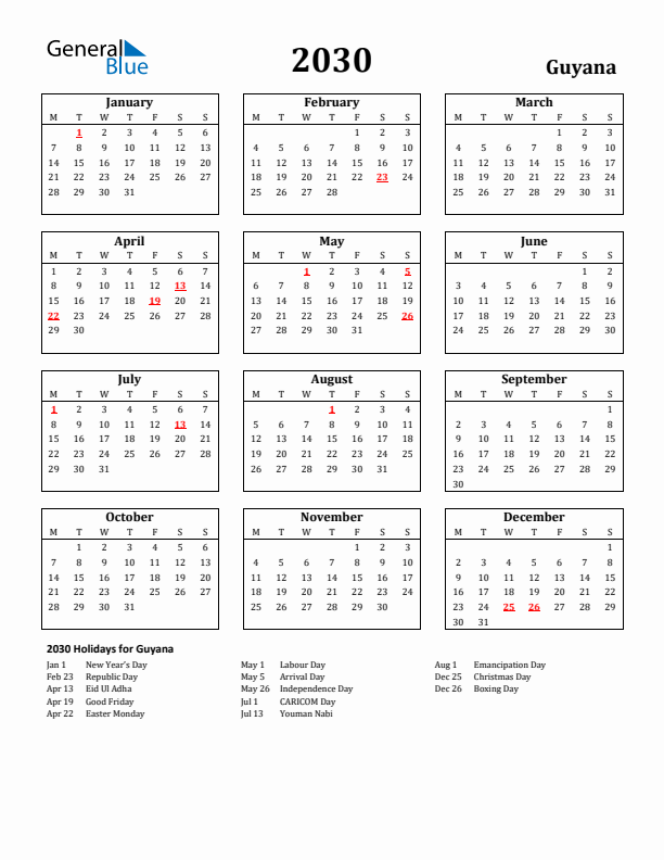 2030 Guyana Holiday Calendar - Monday Start