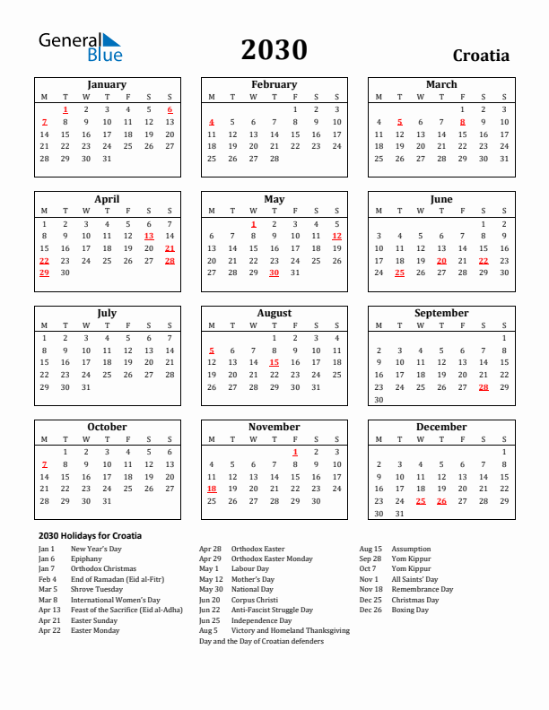 2030 Croatia Holiday Calendar - Monday Start