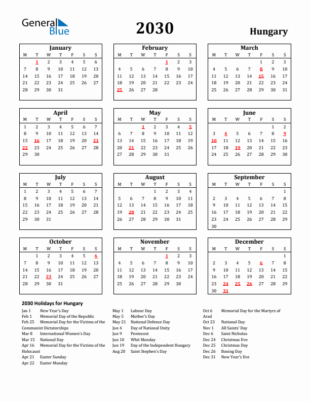 2030 Hungary Holiday Calendar - Monday Start