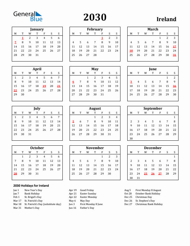 2030 Ireland Holiday Calendar - Monday Start