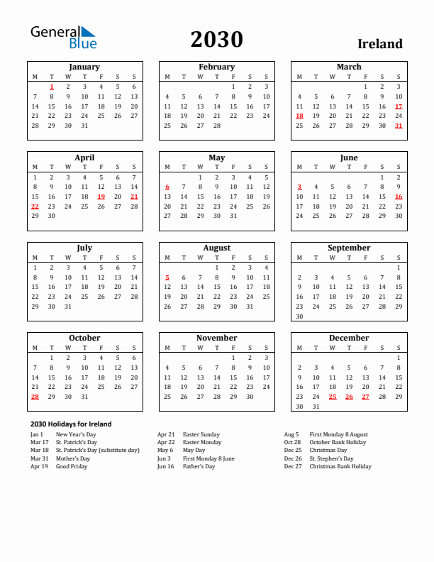 2030 Ireland Holiday Calendar - Monday Start