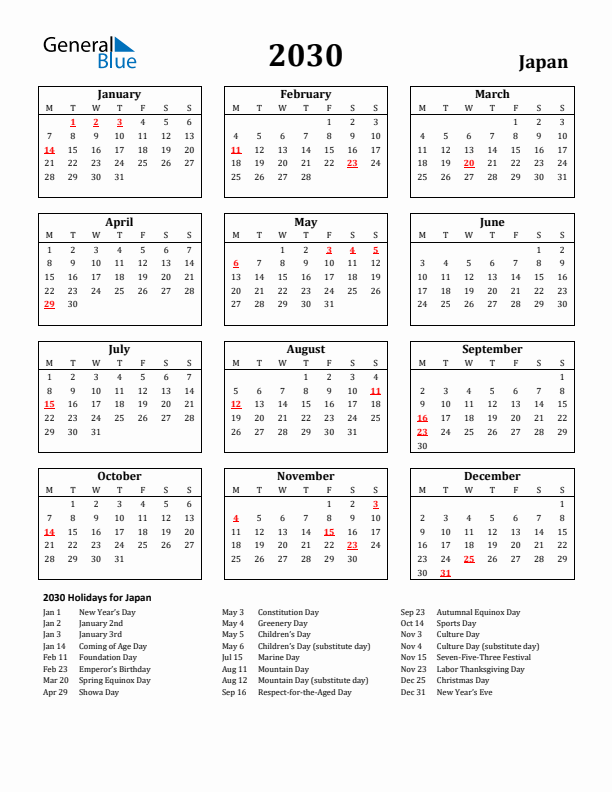 2030 Japan Holiday Calendar - Monday Start