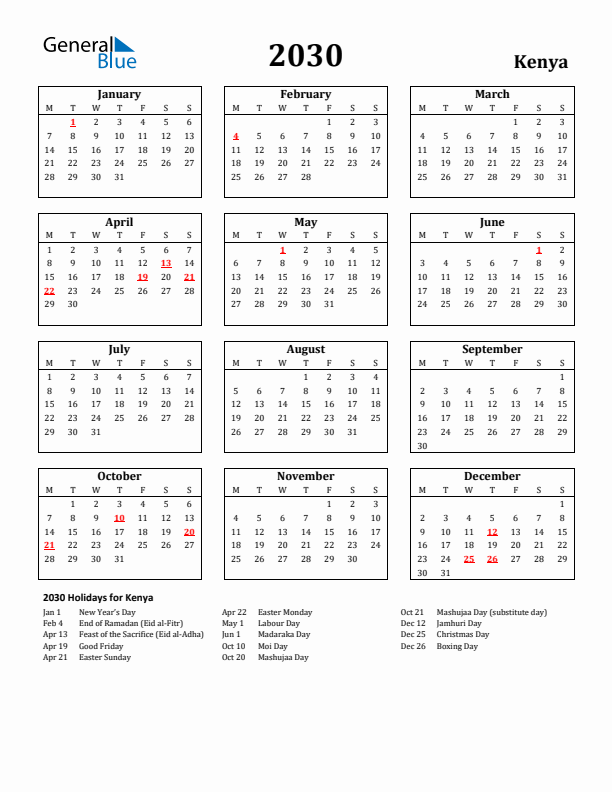2030 Kenya Holiday Calendar - Monday Start