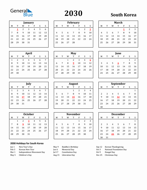 2030 South Korea Holiday Calendar - Monday Start