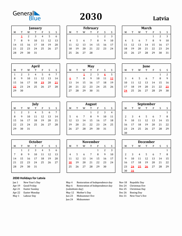 2030 Latvia Holiday Calendar - Monday Start
