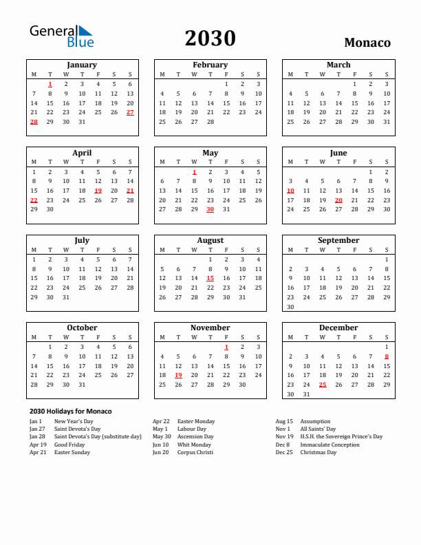 2030 Monaco Holiday Calendar - Monday Start