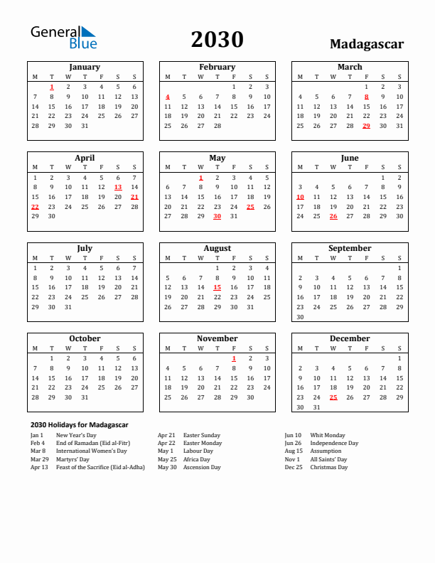 2030 Madagascar Holiday Calendar - Monday Start