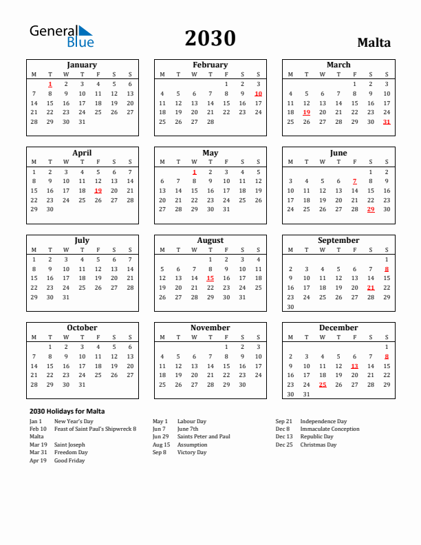 2030 Malta Holiday Calendar - Monday Start