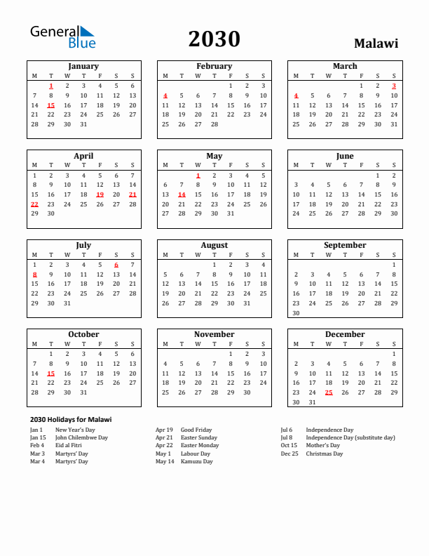 2030 Malawi Holiday Calendar - Monday Start