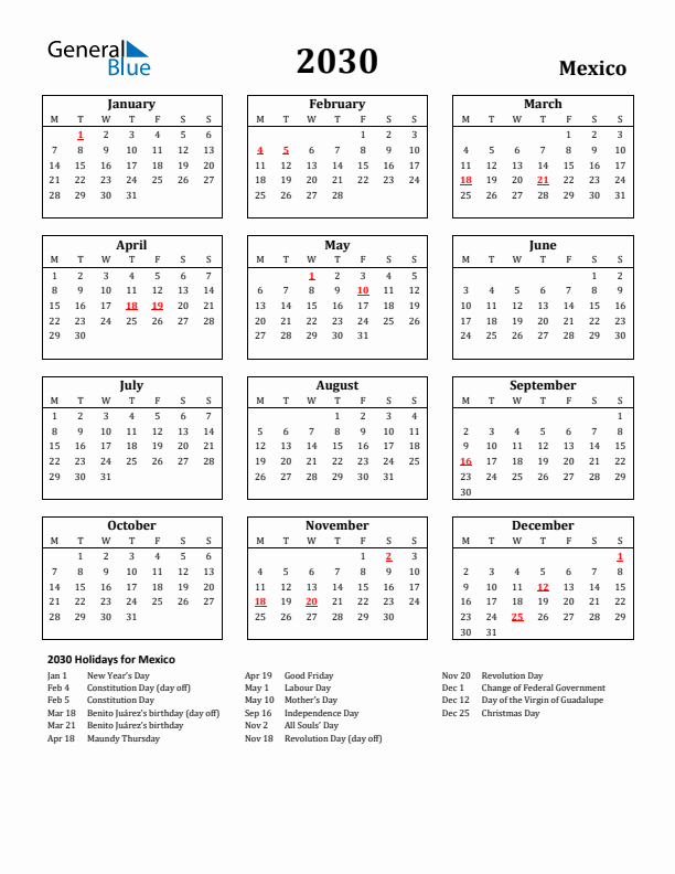 2030 Mexico Holiday Calendar - Monday Start